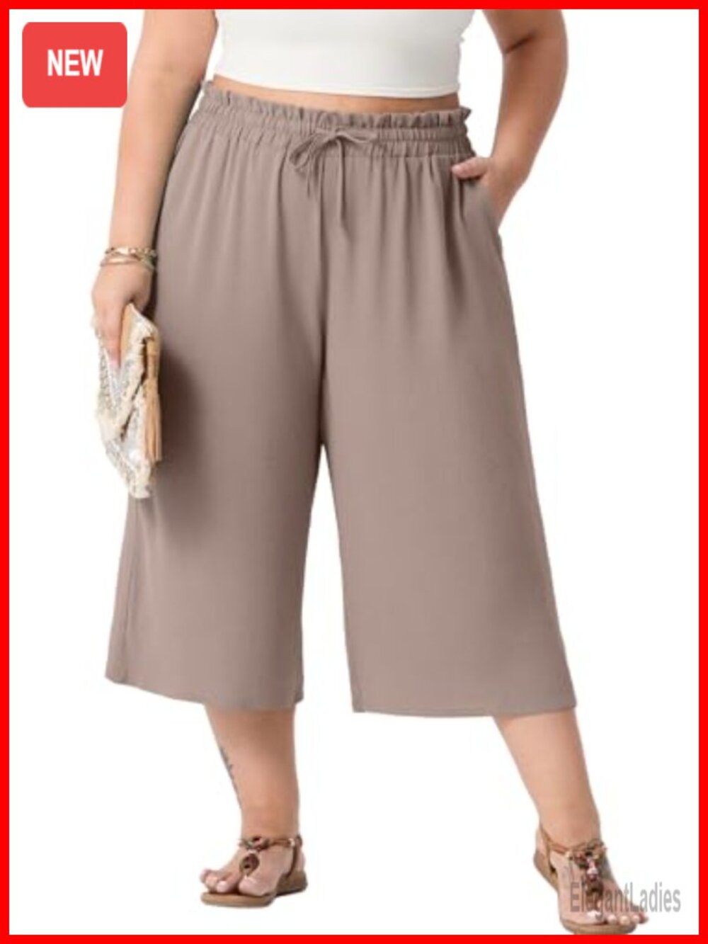 Plus Size Wide Leg Capris with Pockets Drawstring High Waist Casual Pants